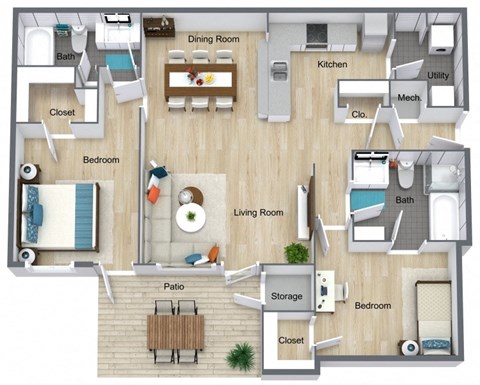 Floor plan for 2 beds, 2 baths, 1012 sqft